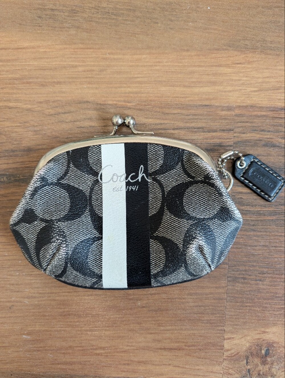 Coach Vintage Black Signature Stripe Coin Pouch Purse Black Logo